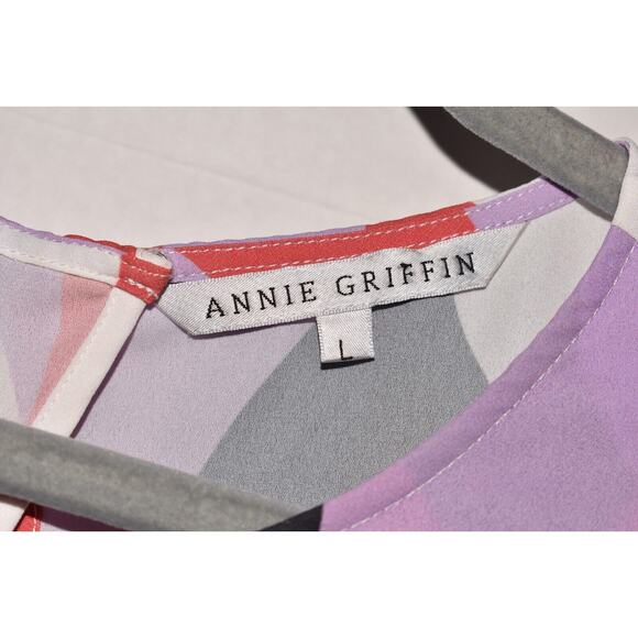 ANNIE GRIFFIN $187 Geometric Print Back‎ Keyhole Asymmetric Hem Top Large - Picture 3 of 3